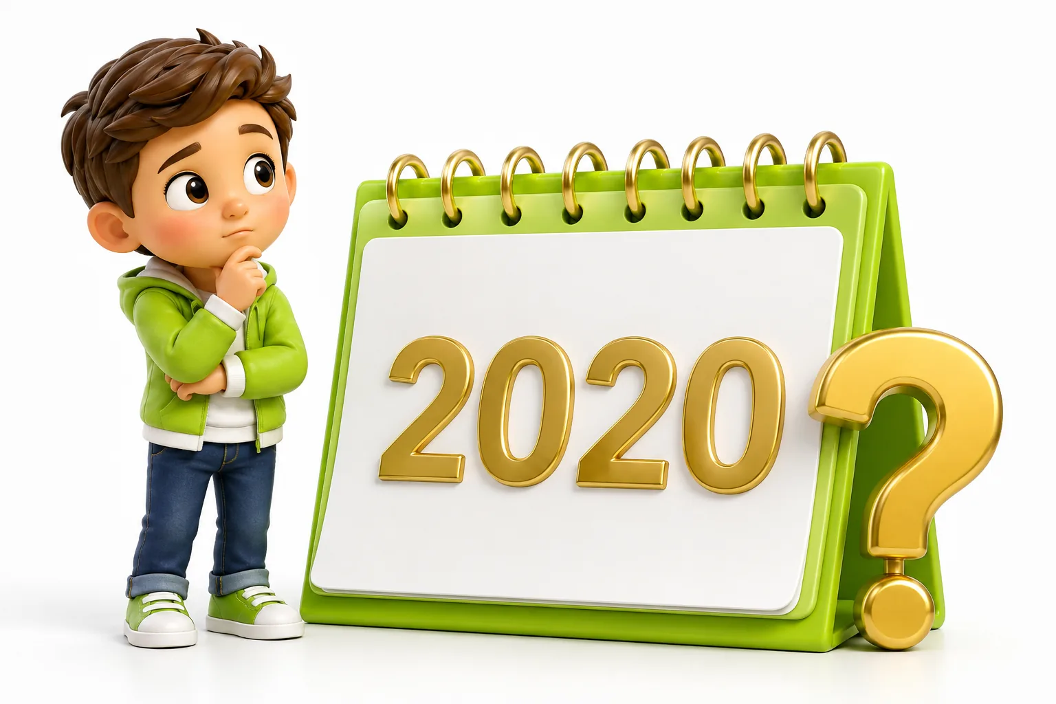 Illustration: Kind vor einem Kalender mit der Jahreszahl 2020 und einem goldenen Fragezeichen — welcher Jahrgang bekommt die Frühstartrente?