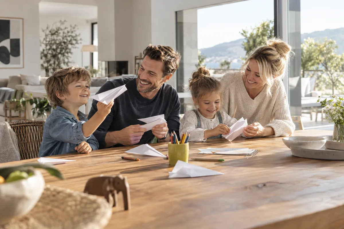 Eltern basteln mit ihren zwei Kindern Papierflieger