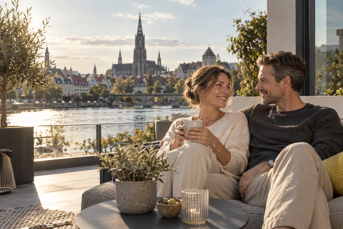 Paar genießt auf einer Terrasse den Blick auf das Ulmer Münster